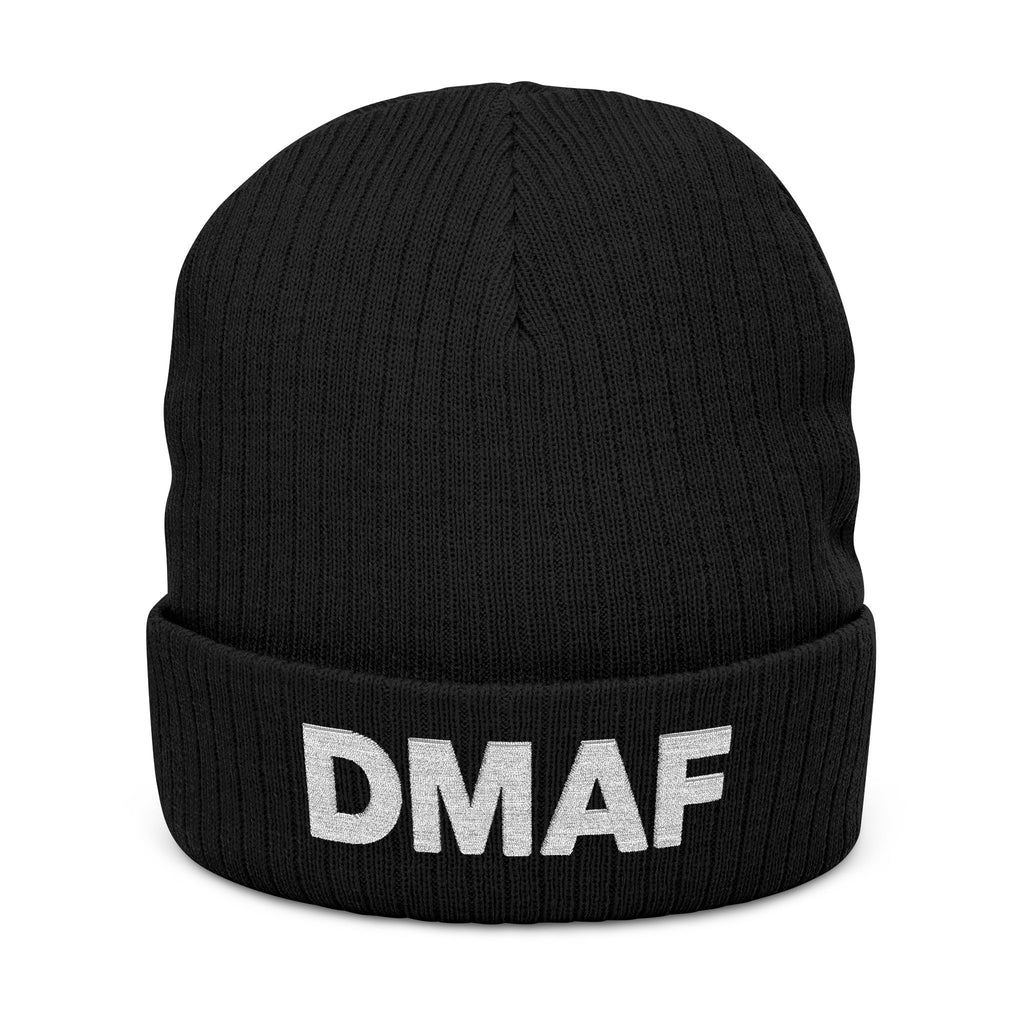 Black ribbed knit beanie with embroidered DMAF logo
