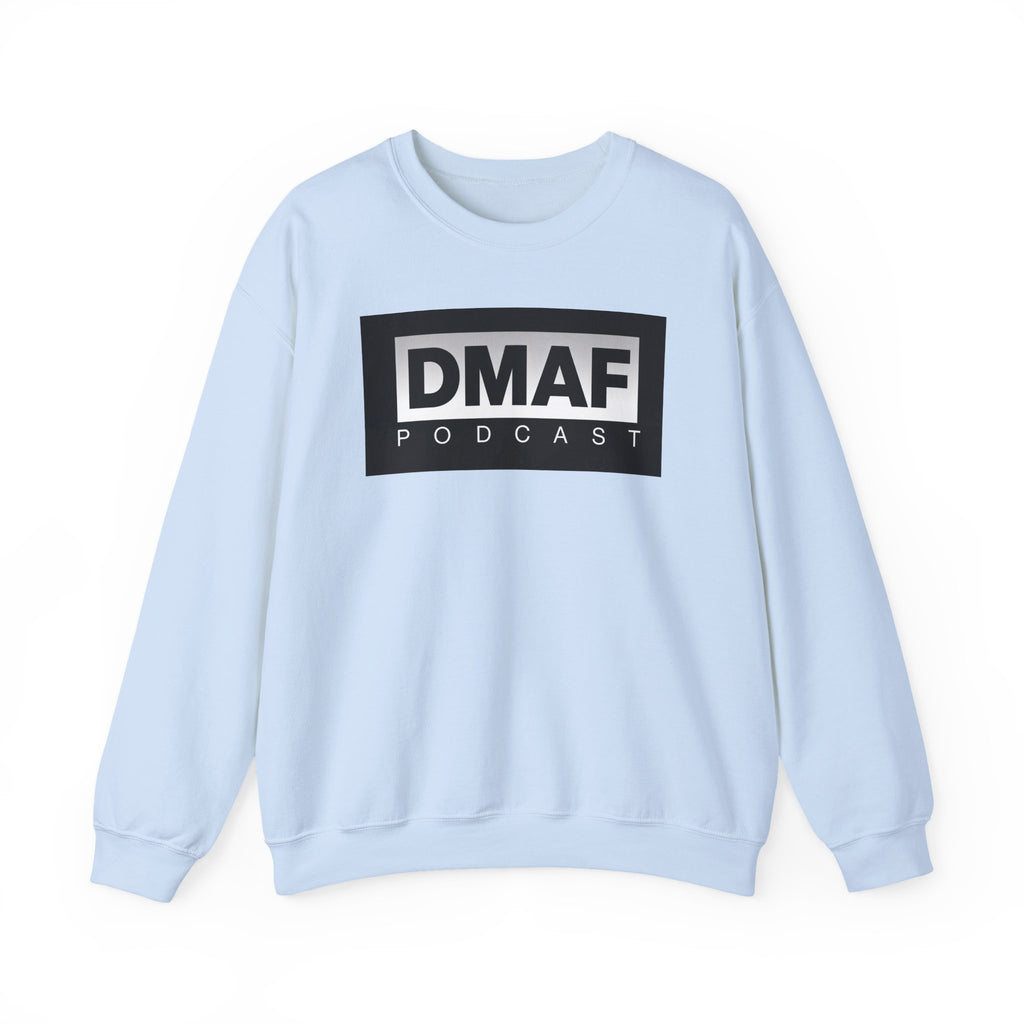 DMAF Podcast crewneck sweatshirt, centered chest logo