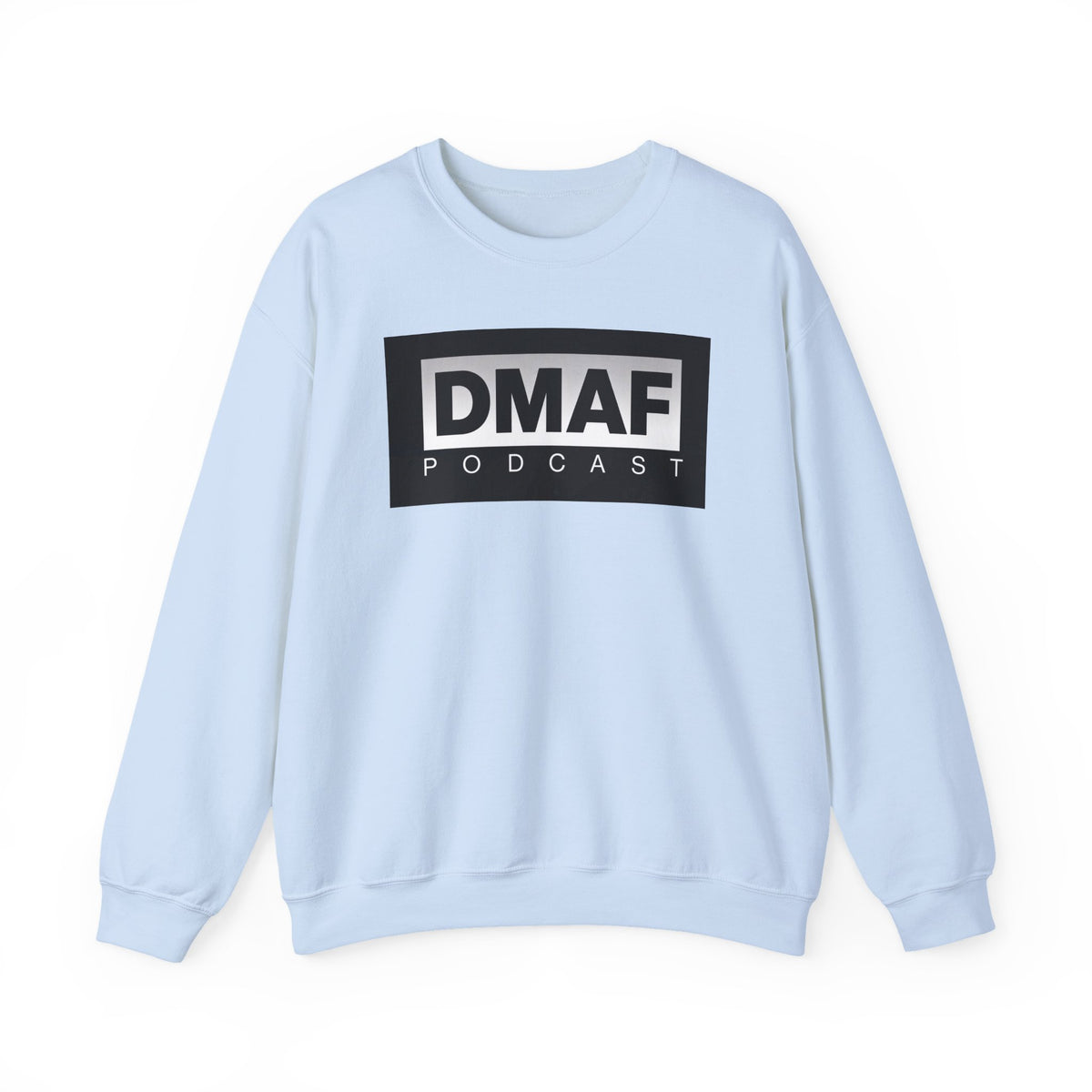 DMAF Podcast crewneck sweatshirt, centered chest logo