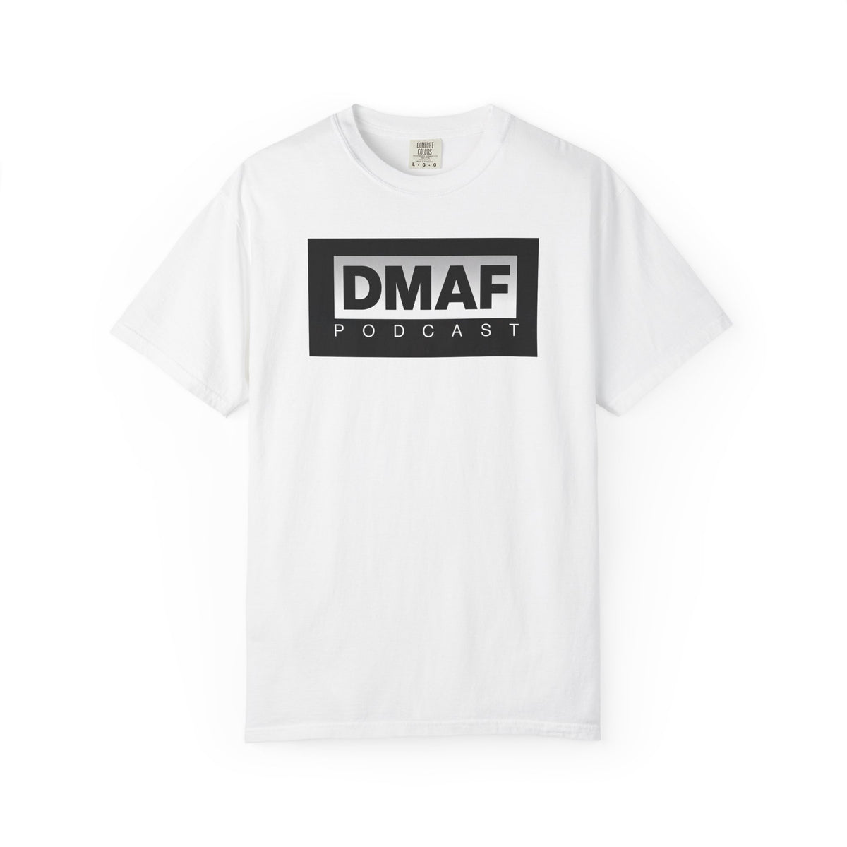 DMAF Podcast black and white box logo t-shirt, front view
