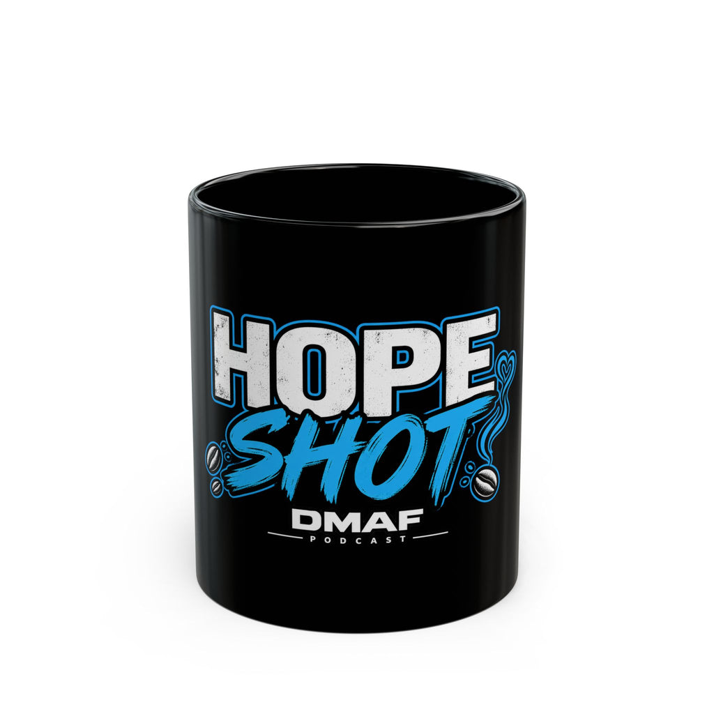 Black ceramic Hope Shot mug with DMAF Podcast branding