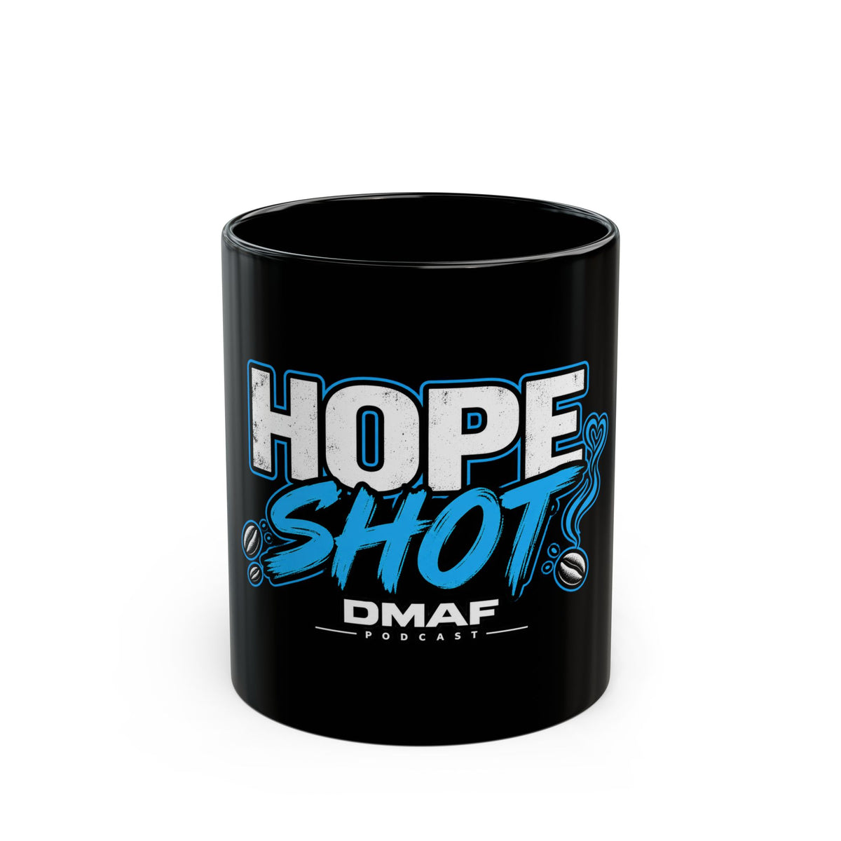 Black ceramic Hope Shot mug with DMAF Podcast branding